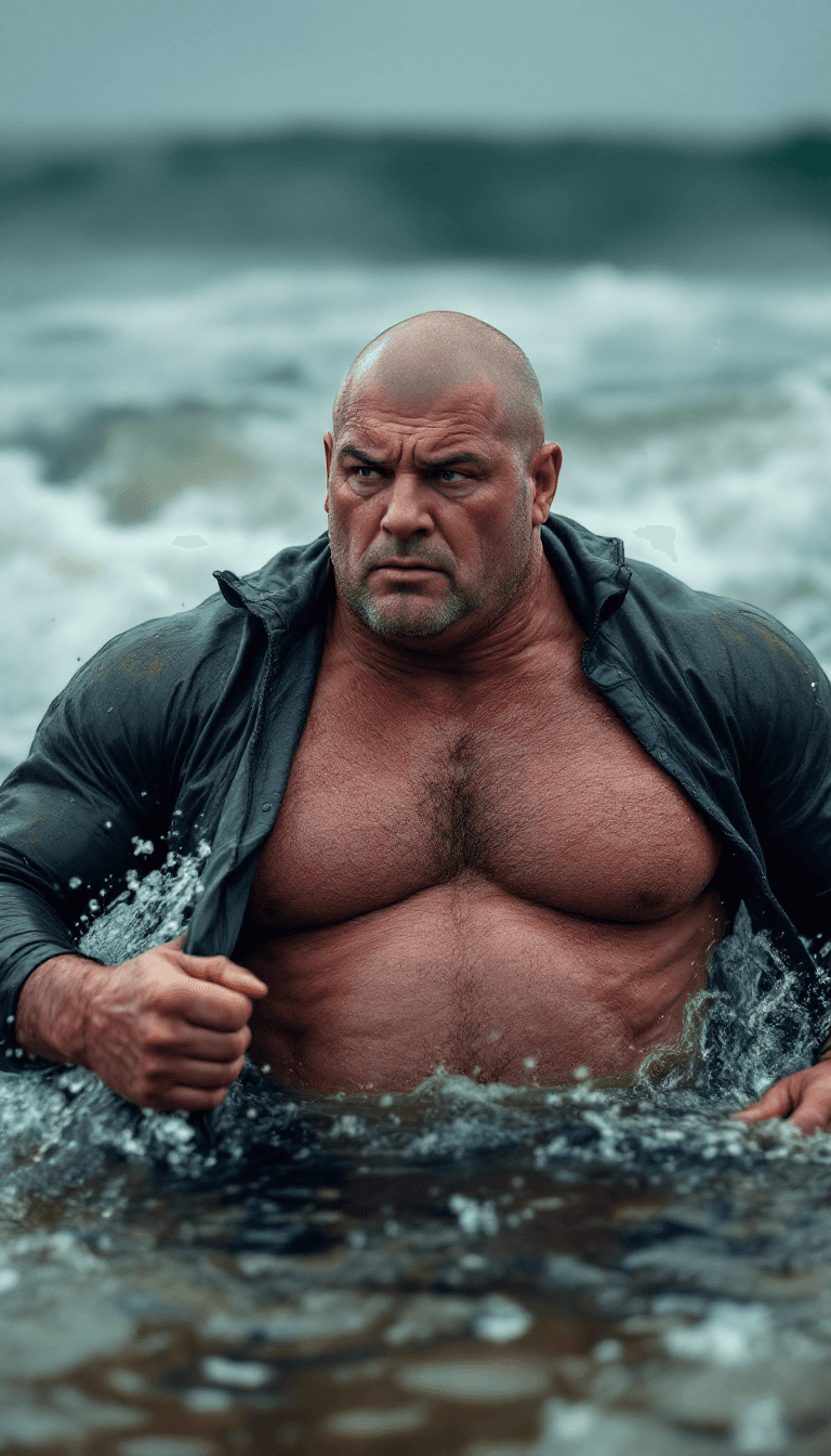 AI generated: raw photo, tearing away his wetsuit, wide shot, 8KUHD Very HIGH-RESOLUTION HDR Very Extremely Realis...