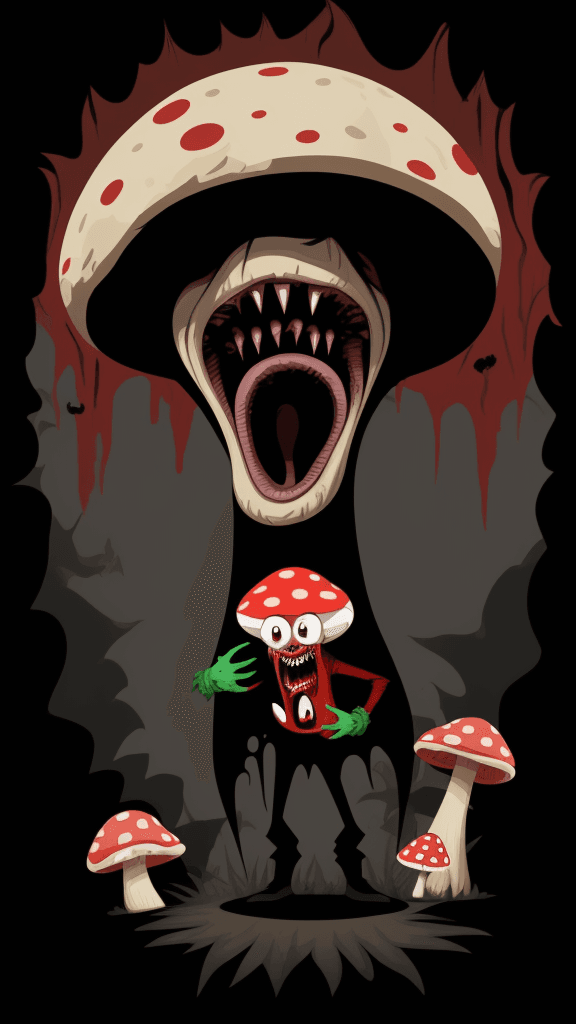 AI generated: vector horror art on the diverse background, a screaming crazy anthropomorphic evil mushroom with a ...