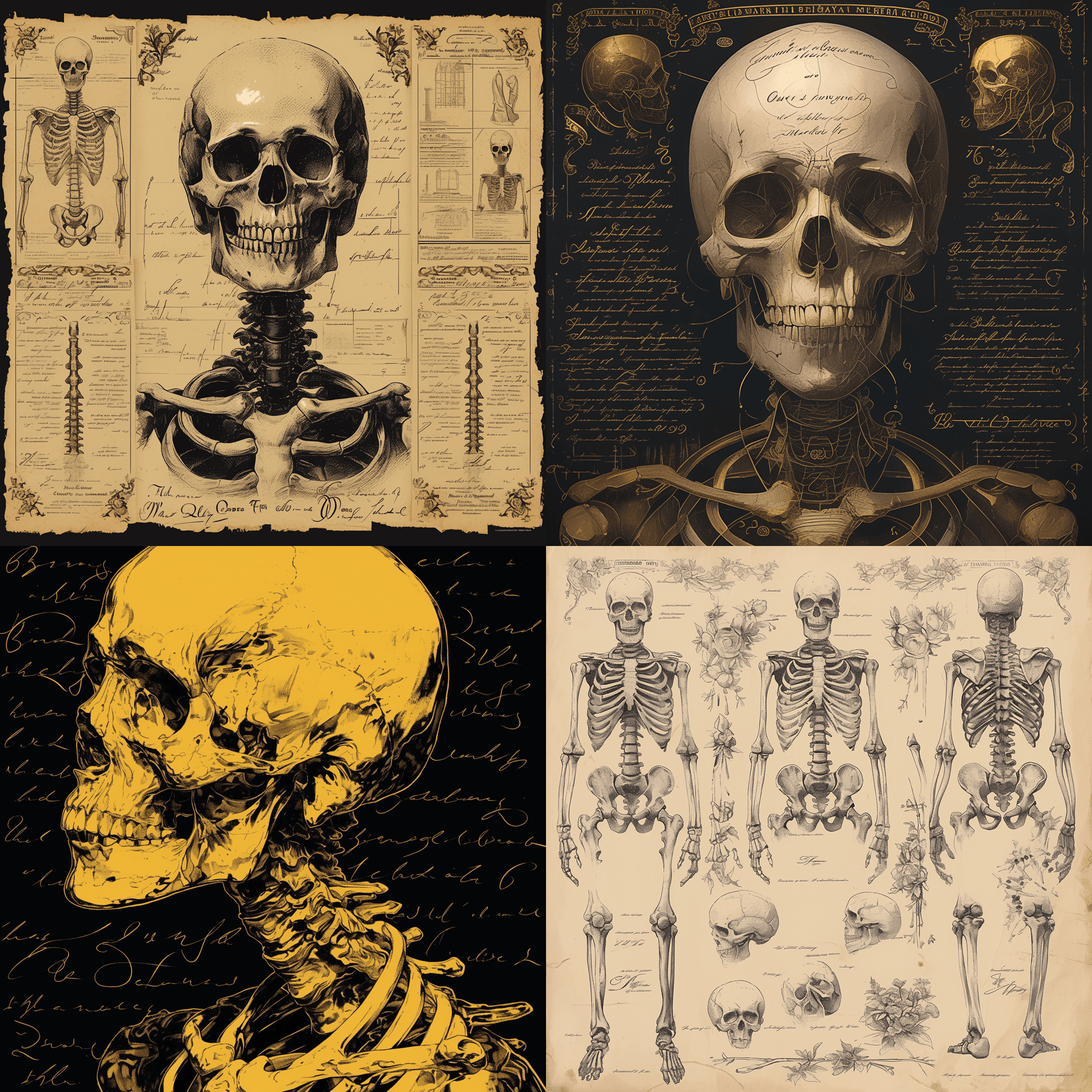 AI generated: a human body skeleton design in the style of marcel deneuve and stencil art, vintage french script t...