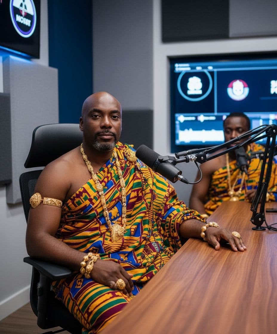 AI generated: Place him in a podcast studio without headphones with full royal Ghanaian attire 