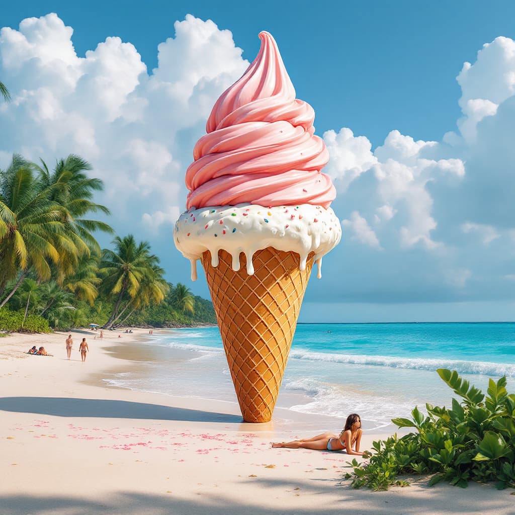 AI generated: A giant ice cream on a tropical beach.