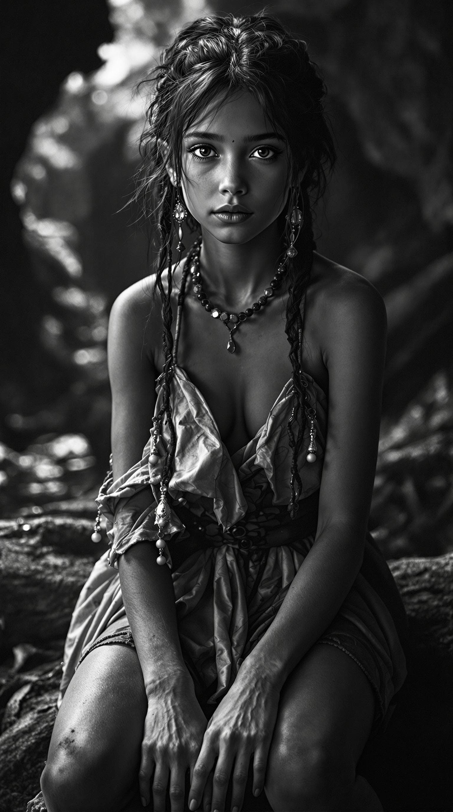 AI generated:  professional black and white photo of a exceptionally beautiful girl in the world  (young girl), (s...