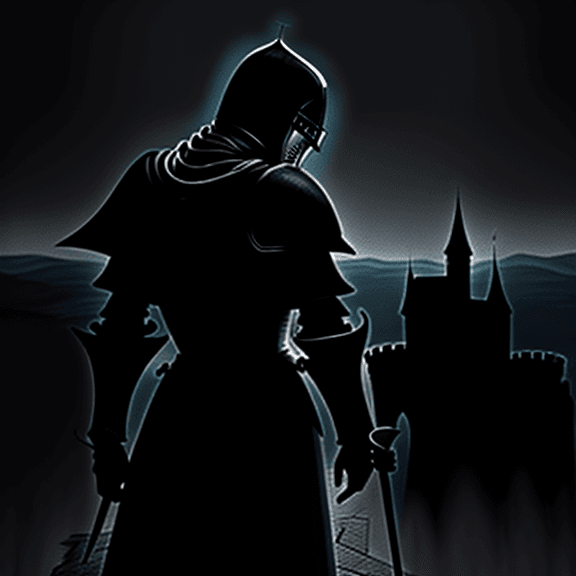 AI generated: Picture of a knight looking down in despair. Background has a empty forever night castle.