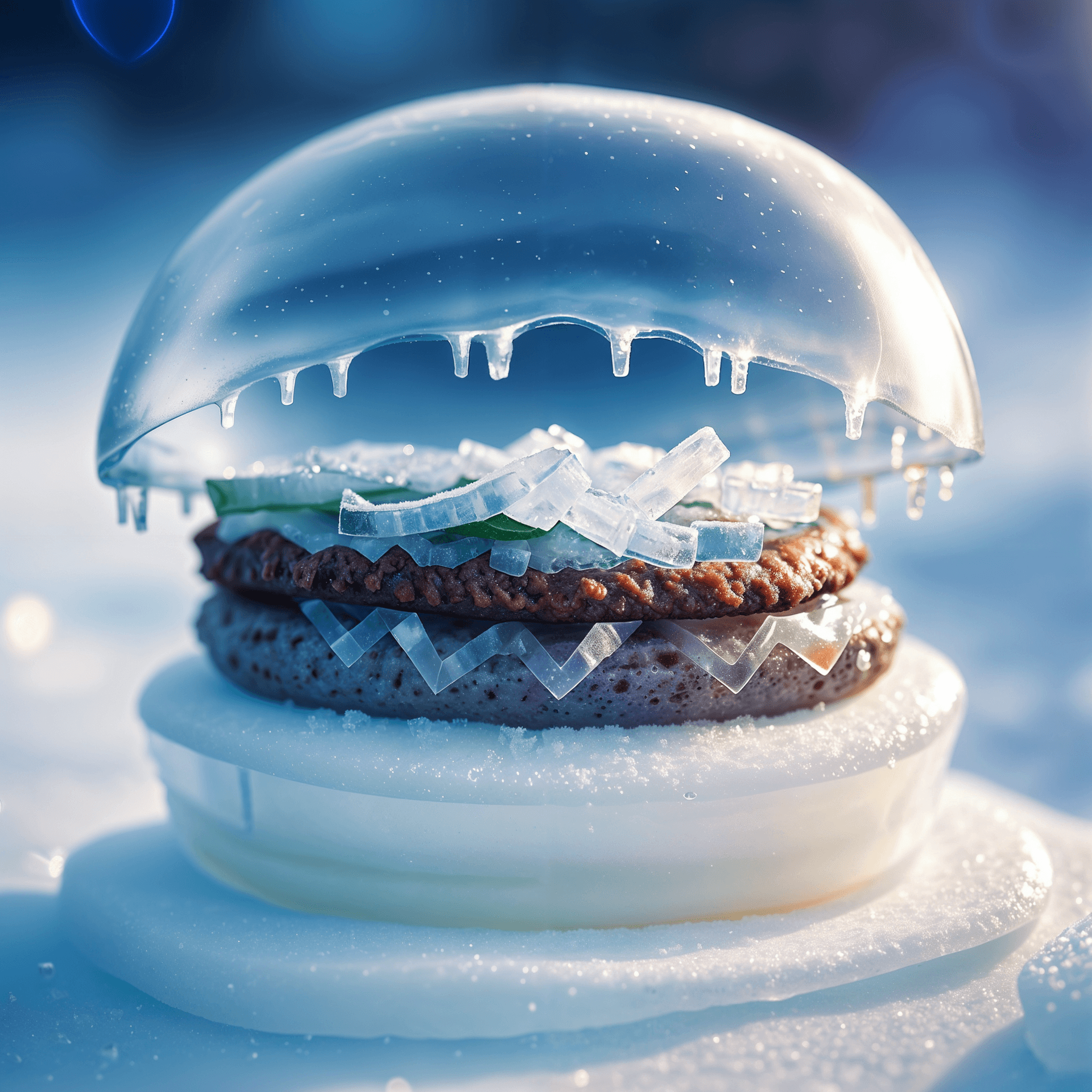 AI generated: hdr film still lifelike textures,closeup see-through ice figure of hamburger made from ice, dreamy b...