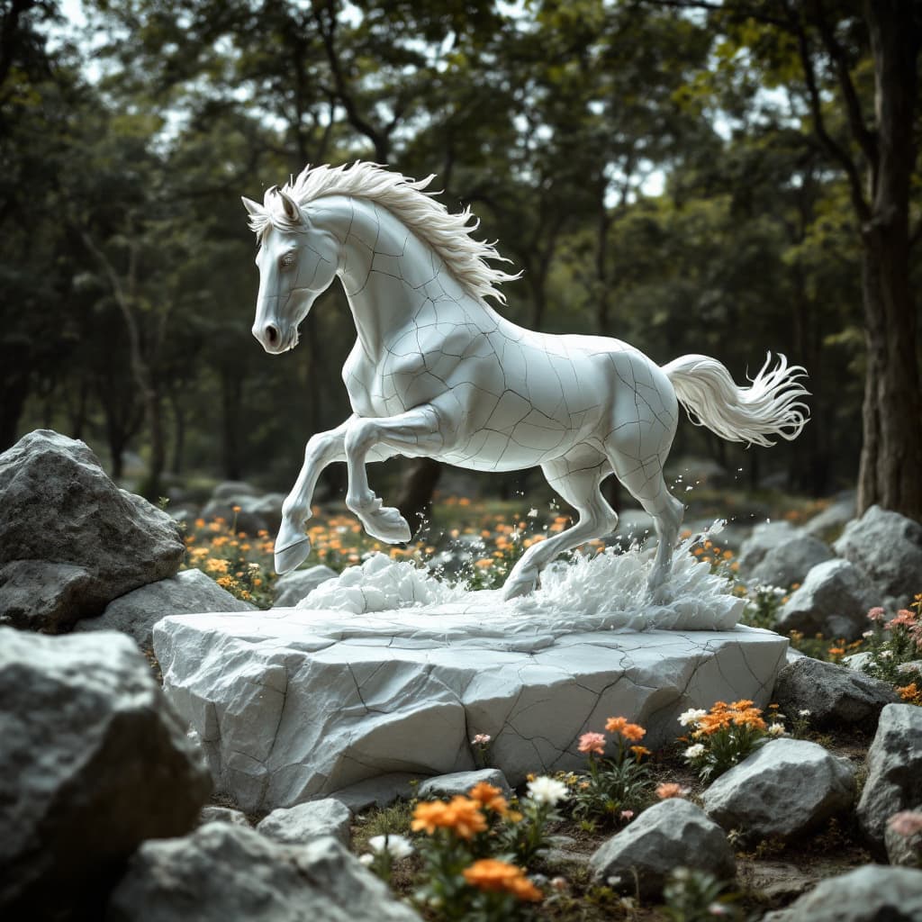 AI generated: hyperealism; A cracked white marble sculpture of a horse running, in a valley of trees and flowers, ...