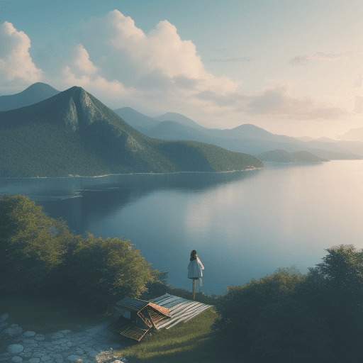 AI generated: create a picture where a person lives alone on the mountainous island, only one person available in ...