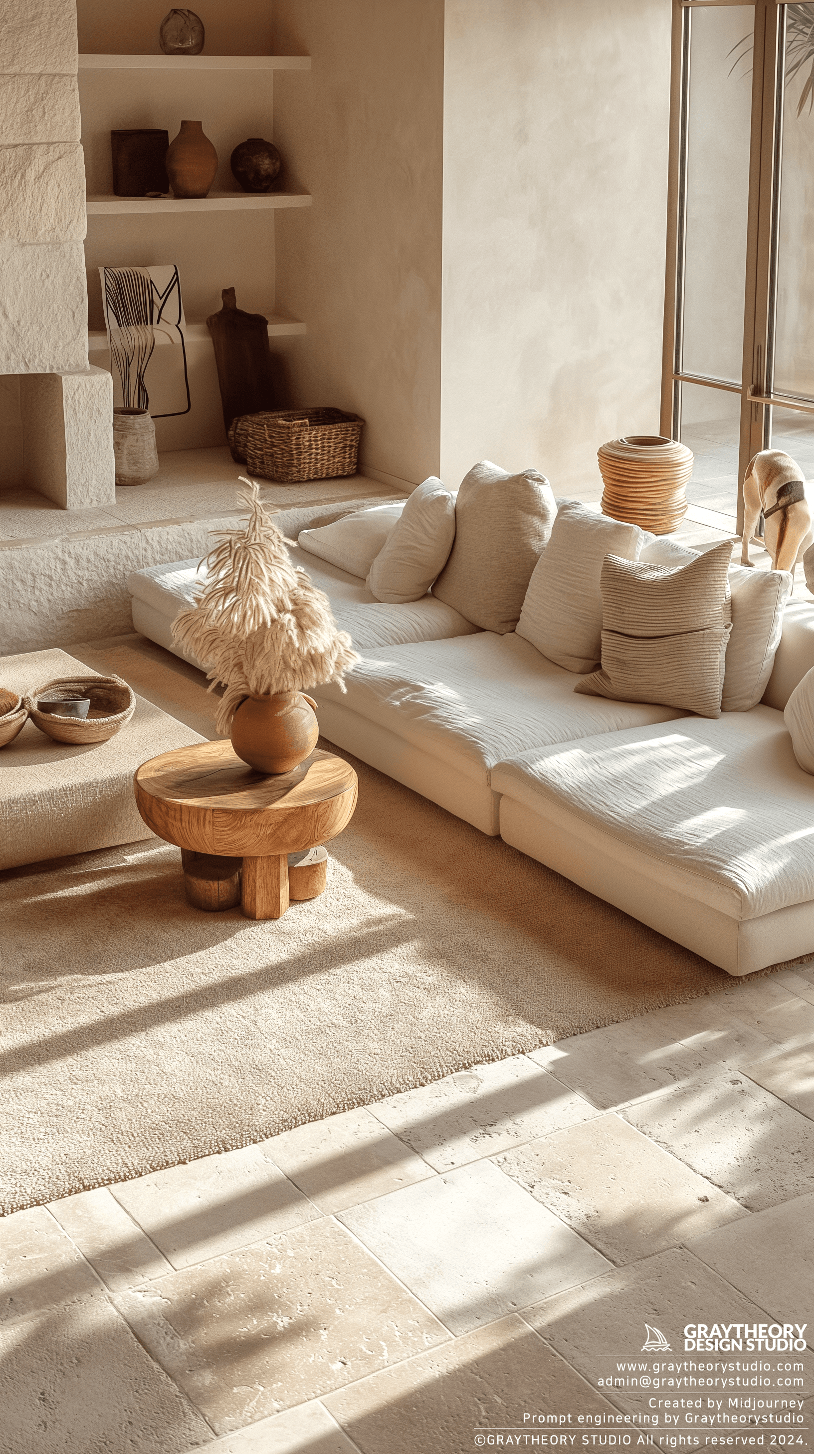 AI generated: Photograph, contemporary living room, soft light of morning, integration of beige flooring and matte...