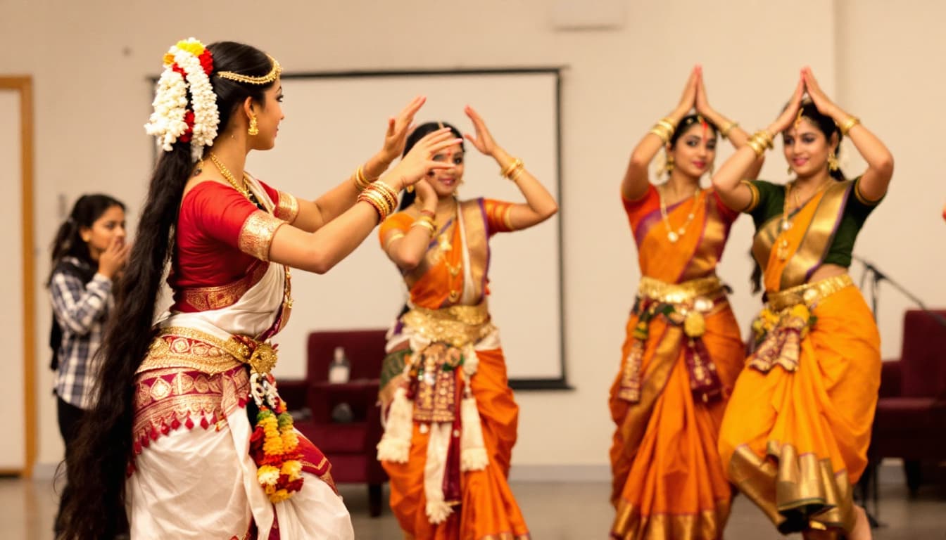 AI generated: Girls with long hair and traditional Bharatanatyam attire are dancing Bharatanatyam. while the other...