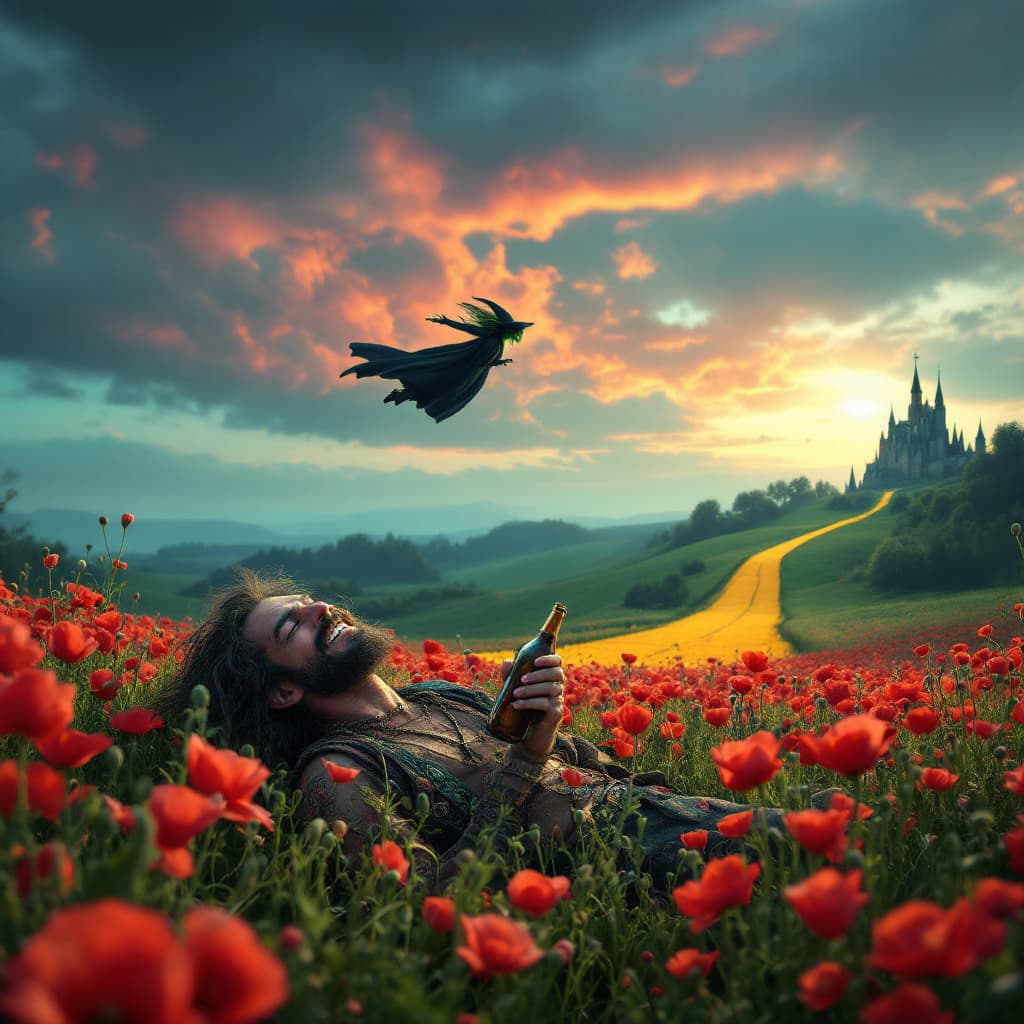 AI generated: a totally wasted  hippie with a dopey grin partly closed eyes is  in a field of poppies laying prone...