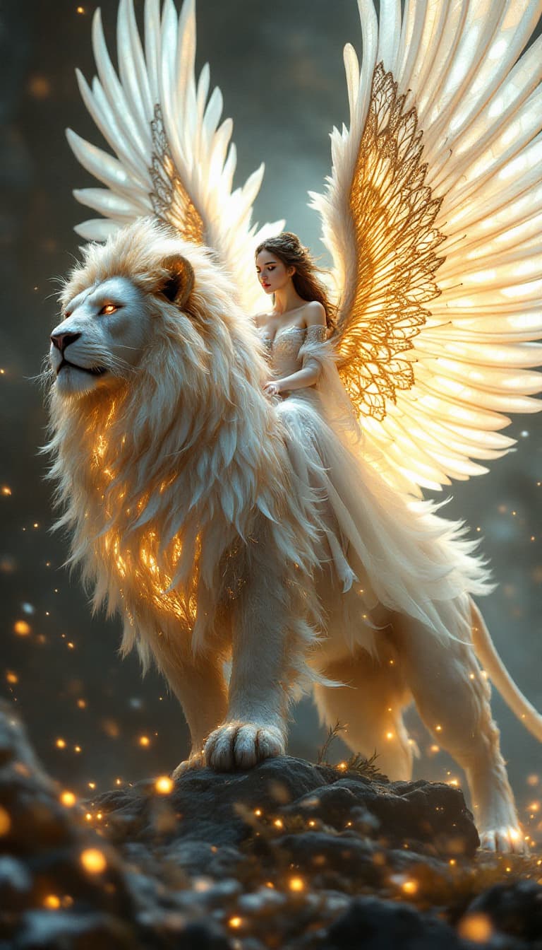 AI generated: A full body photo shot of an angelic mythical lion with outstretched feathery wings with glowing int...