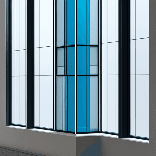 AI generated: photo of a corner window entirely made of glass from outside the building with a color combination o...