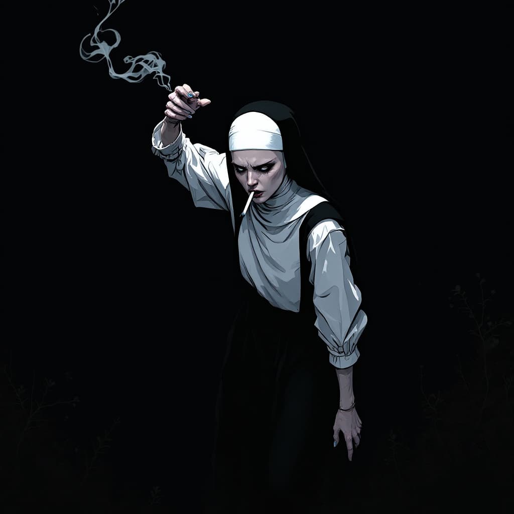 AI generated: Comic book cover illustration, full body shot of a white-haired nun, smoking, knees up, apathetic on...