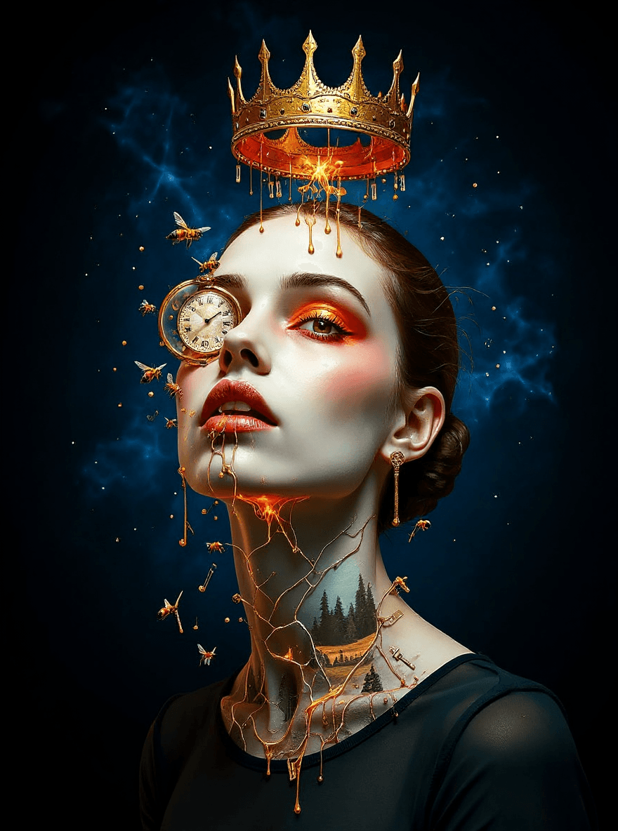 AI generated: "A woman’s face floats against a starless indigo void. Her left eye is replaced by a functioning poc...