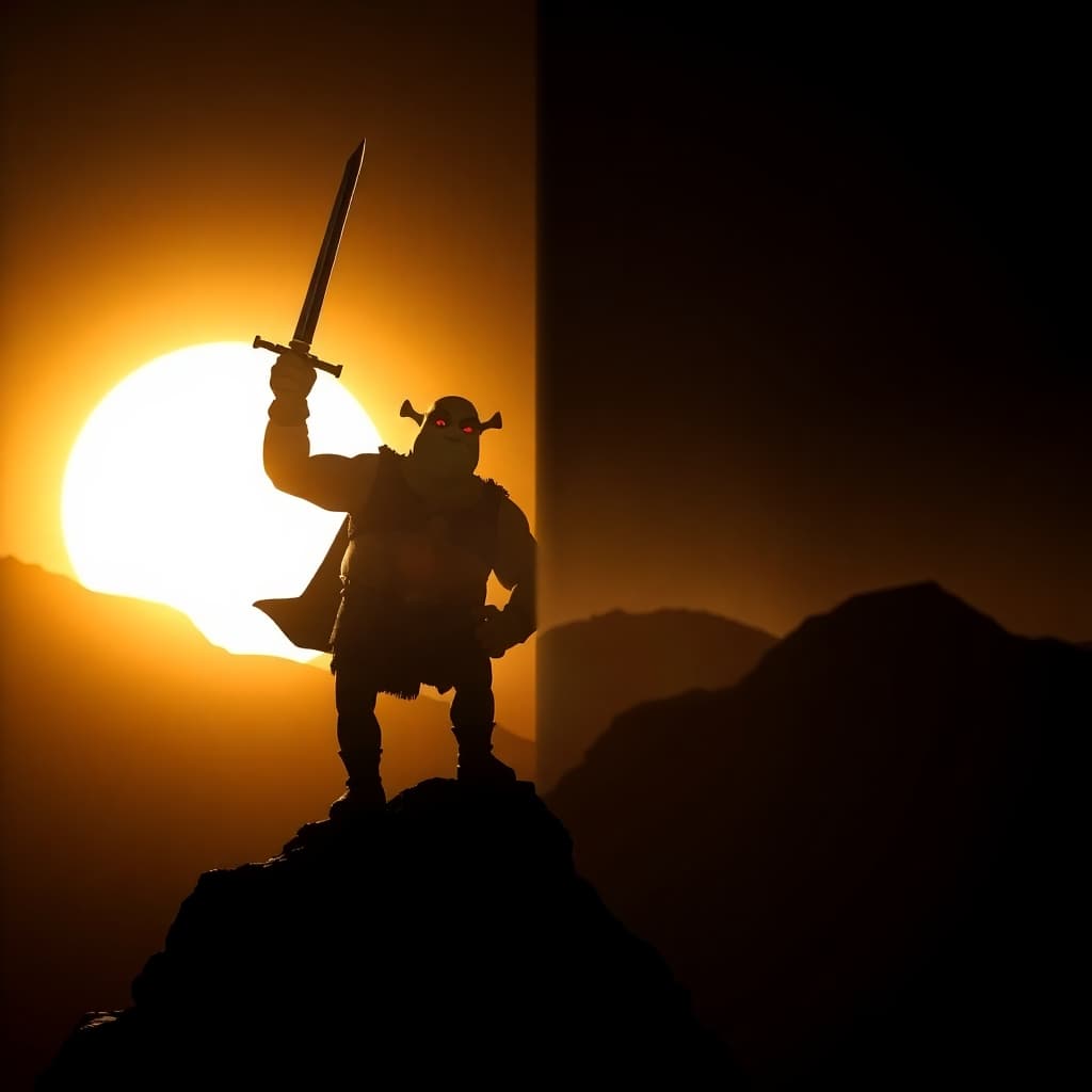 AI generated: Realistic scene, a menacing Shrek figure silhouetted in a split warm golden hour light.  He's an ant...