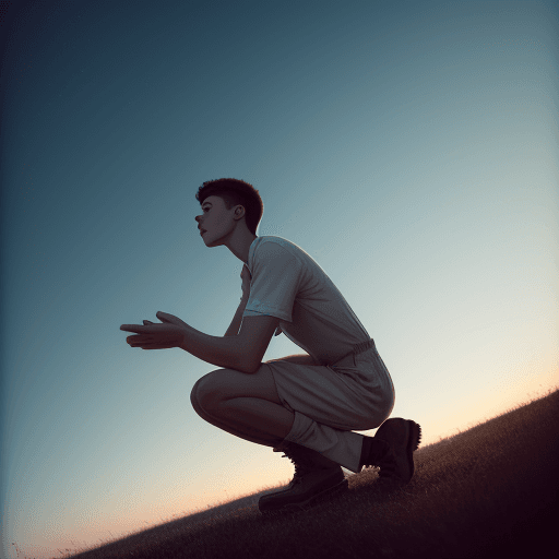 AI generated: young man on his knees, looking at the sky, on a light rompts,photographie. 4k.