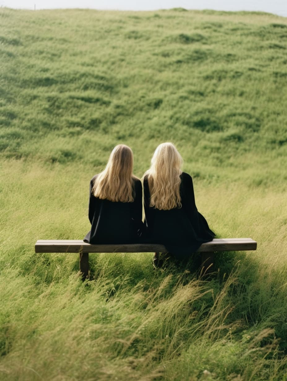 AI generated: a couple of women sitting on top of a wooden bench, inspired by Ren Hang, tumblr, standing in grassy...