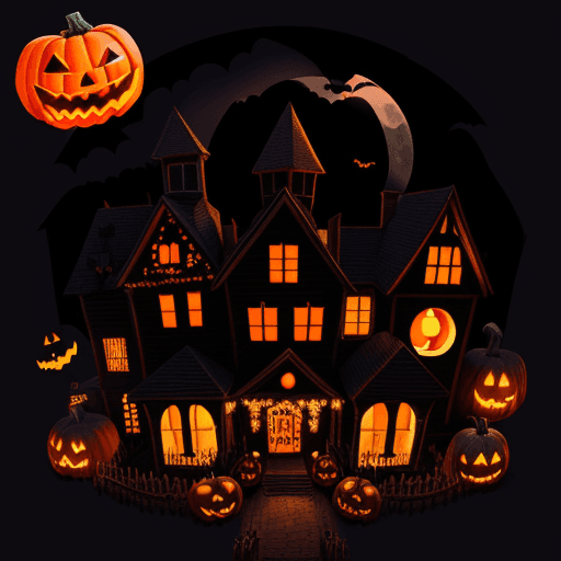 AI generated: a town in the Halloween season with houses decorated with many spooky decorations like jack o lanter...