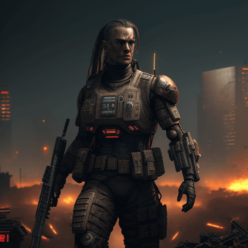 AI generated: Cyberpunk battlefield, ww3, war, end of the world, bronze, copper, zink, metals, war, soldier, destr...