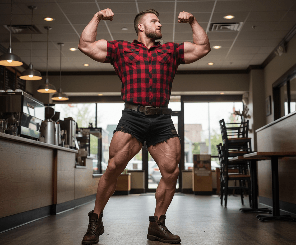 AI generated: At a coffee shop with no customers, the bodybuilder is 6'4" tall, he has huge muscular shoulders and...