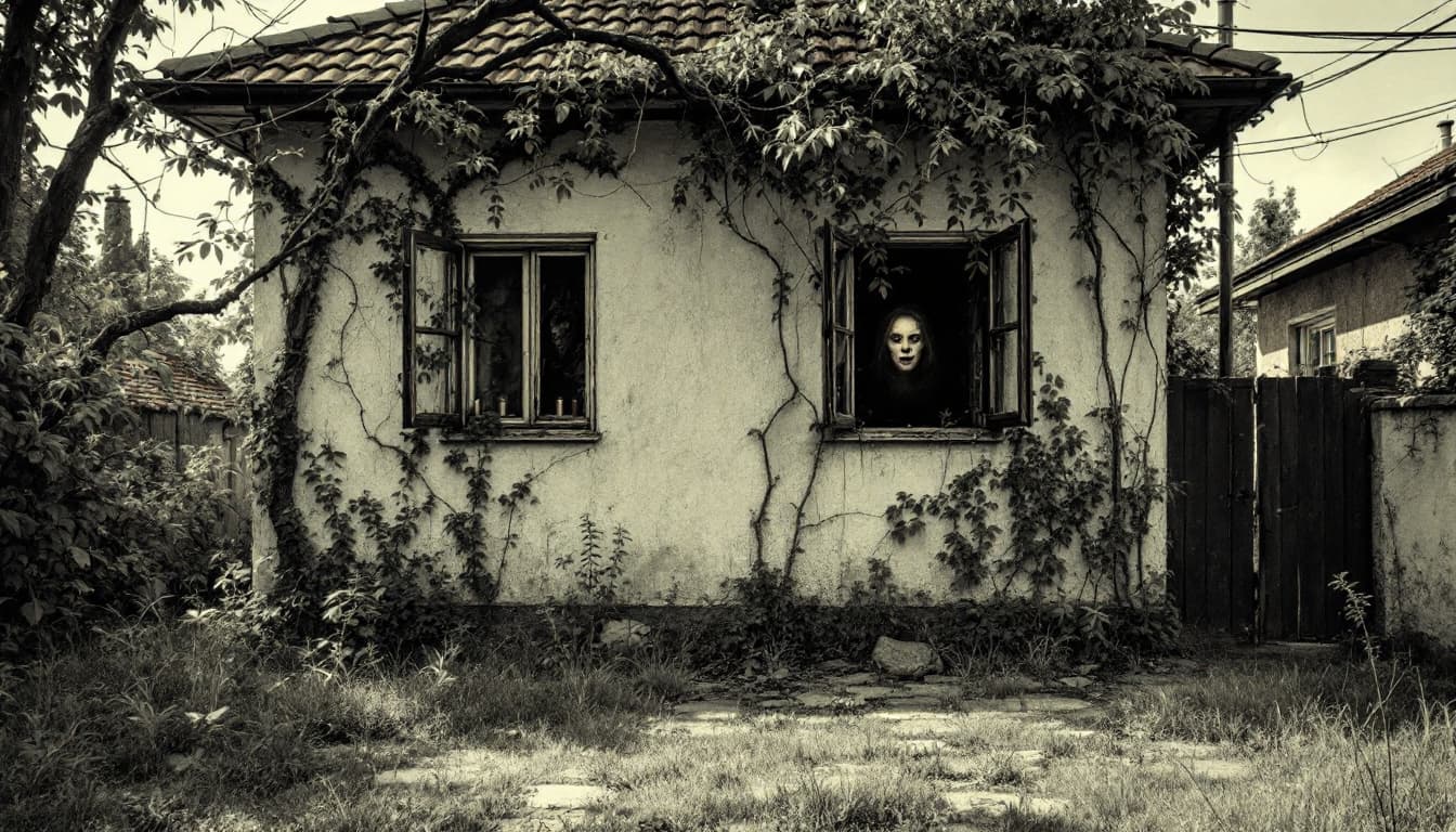 AI generated: Misma calle. Una casa que parece abandonada, mucha mala hierba crecida en el jardín descuidado, la p...