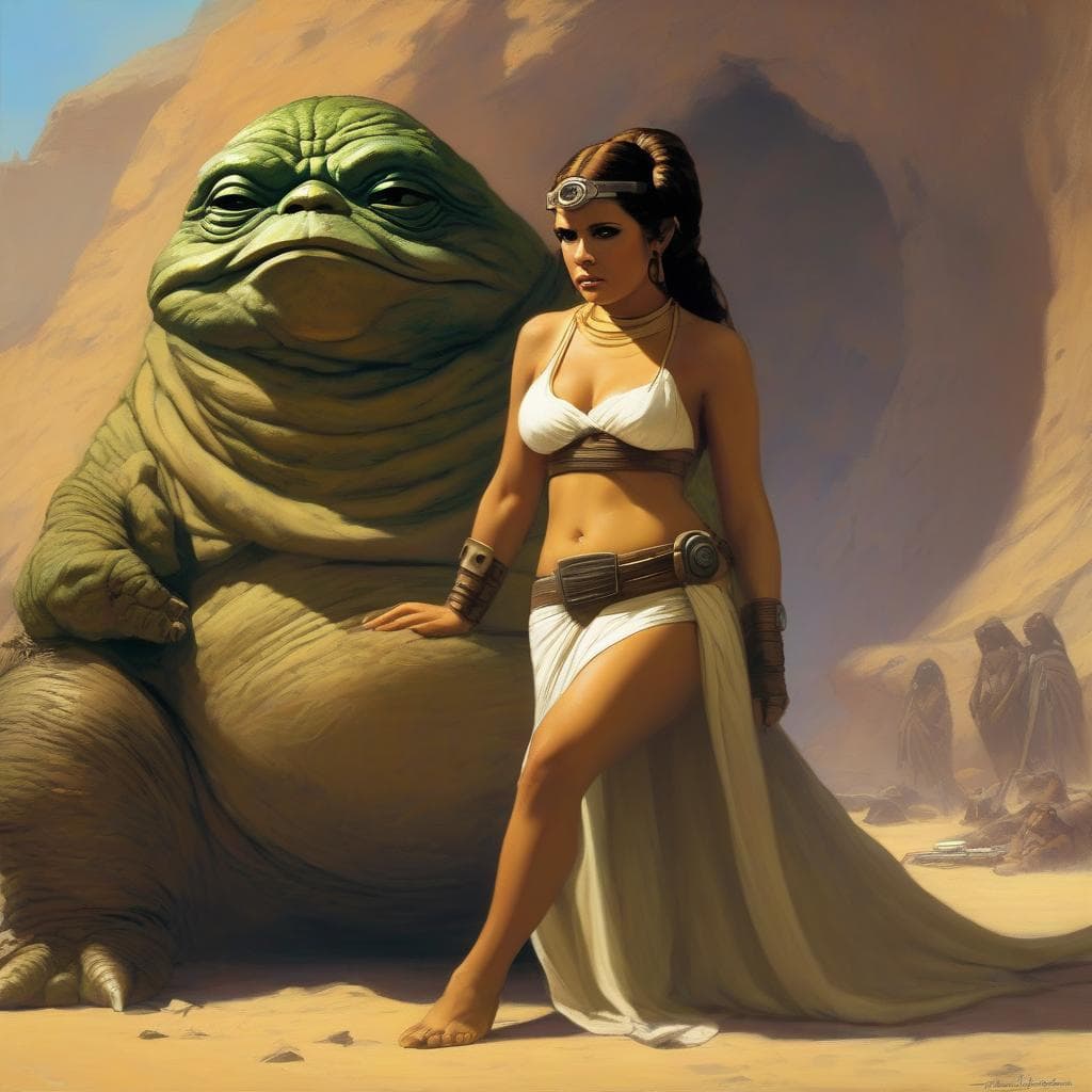 AI generated: (submissive Princess Leia as a harem slave in chains, 1.3) of (Jabba the Hutt, 1.8), style of Frank ...