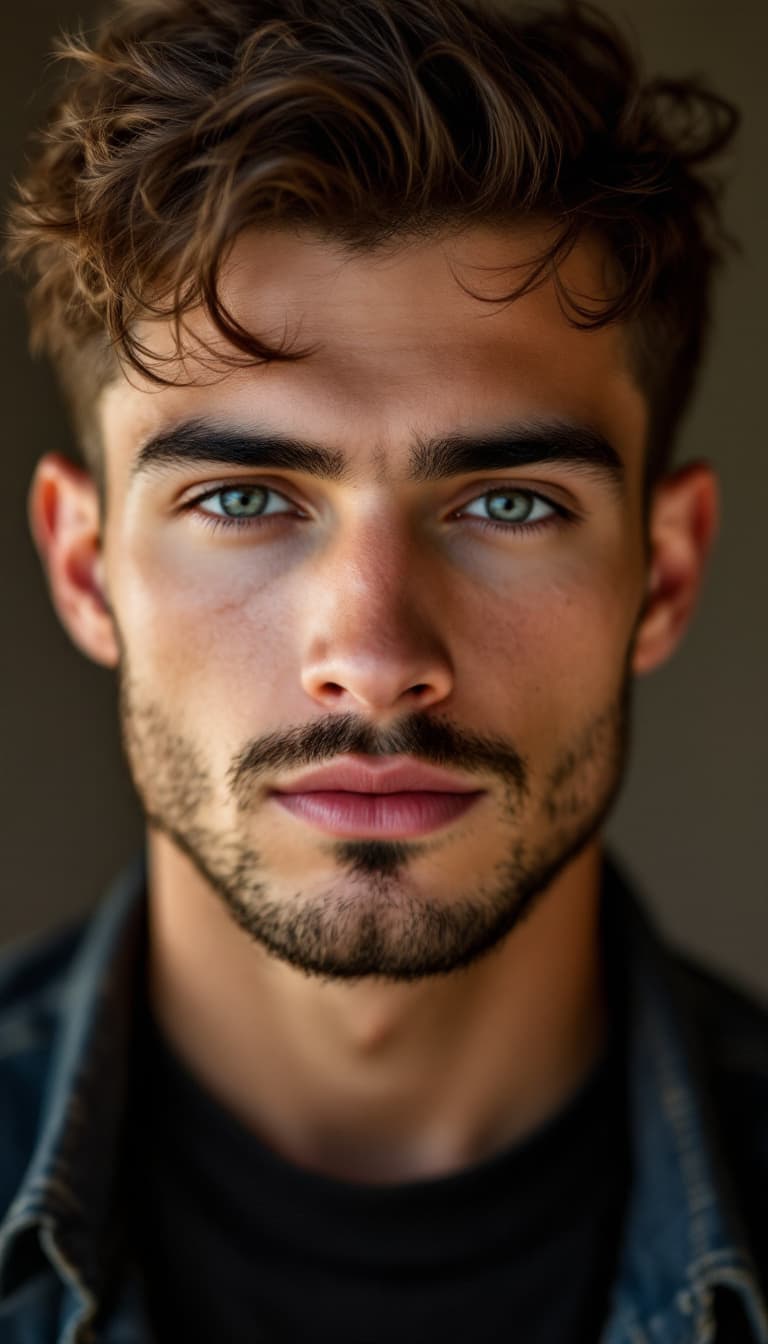 AI generated: photograph, close-up of a handsome young Italian man, facing the front. The background is a model se...