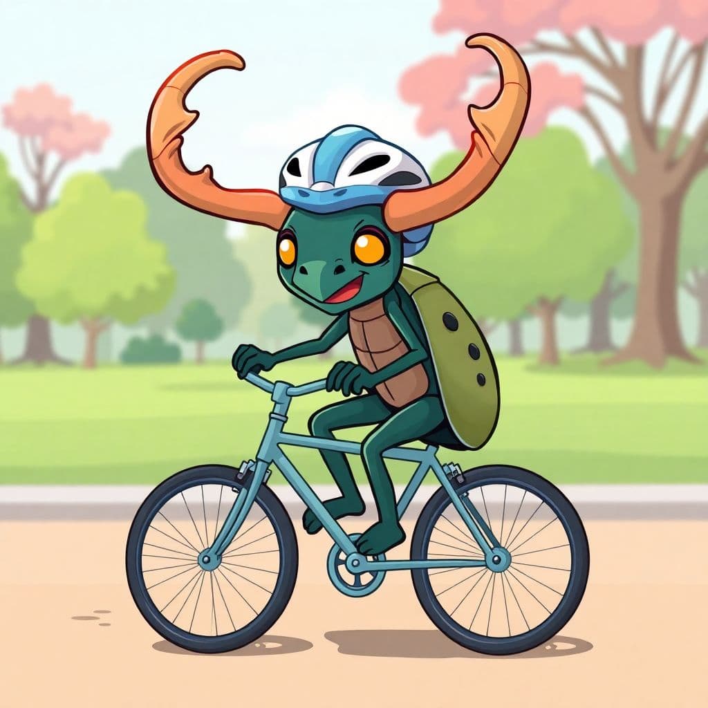 AI generated: Here's a fun Flux prompt for your cartoon escornaboi on a bike:

"A cartoon stag beetle with large c...