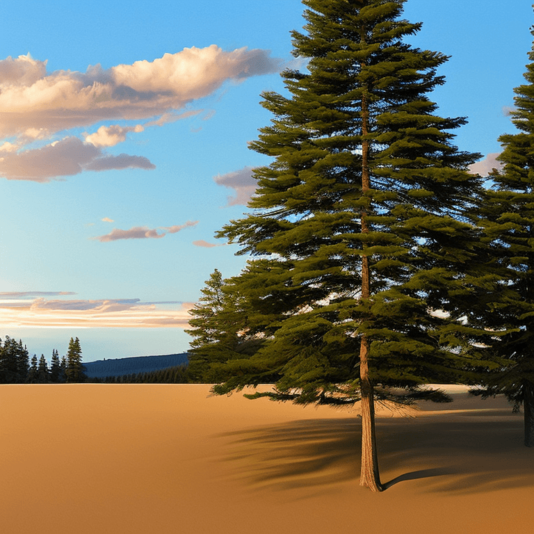 AI generated: photorealistic oil on canvas,
sparse clouds in a soaring sky, 
small blue spruce trees, pebbly beach...