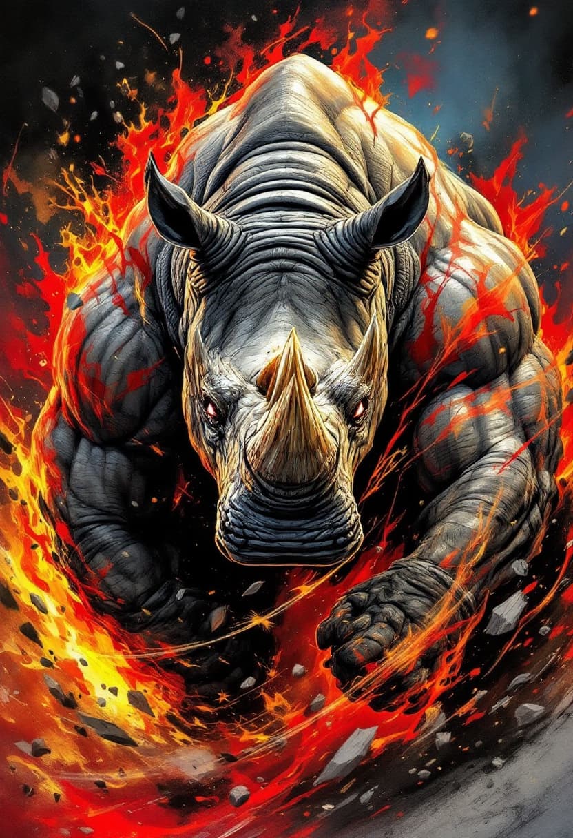 AI generated: AI-generated artwork Realistic detail Sharp Full body Shouting Rhino Bodybuilder build Show off your...