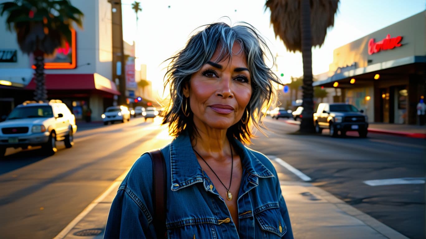 AI generated: beautiful black and gray-haired latina woman standing in the street on the Sunset Strip in the 80s, ...