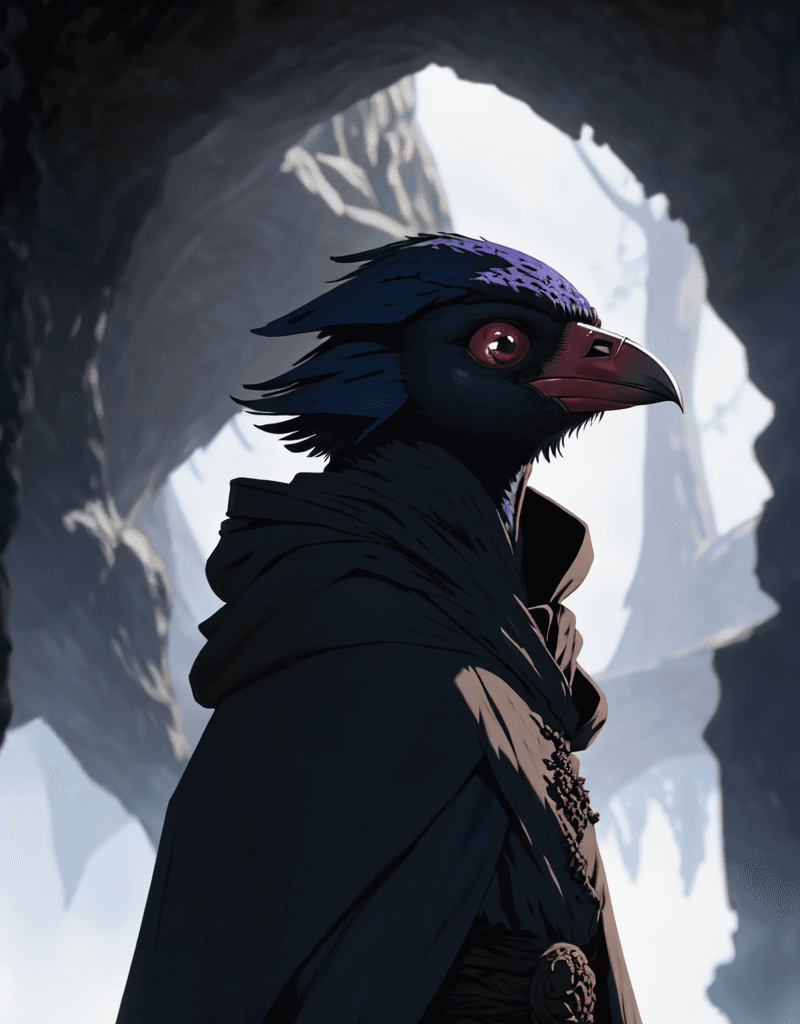 AI generated: D&D Character, kenku a person with a hood on
