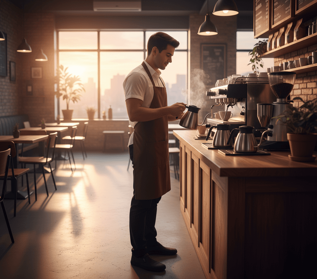 AI generated: At a coffee shop. It's a early morning, it's dawning. The Hispanic male barista is 5 feet tall. He i...