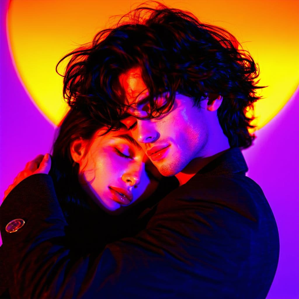 AI generated: A woman with voluminous dark hair and an emotional expression, embracing a man tightly from behind. ...