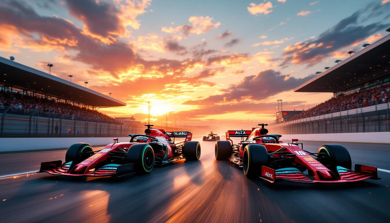 AI generated: A high-speed Formula 1 race is taking place on a professional circuit during a breathtaking sunset. ...