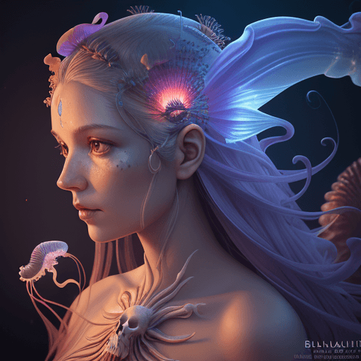 AI generated: Goddess close-up portrait ribcagel. jellyfish phoenix head, nautilus, orchid, skull, betta fish, bio...
