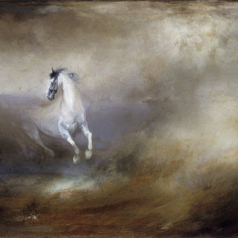 AI generated: a ghostly rider on a white horse, patrolling atop a dyke on the frisian coast. storm, fog, full body...