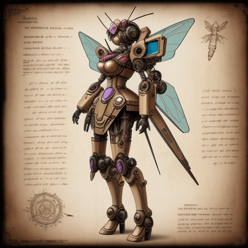 AI generated: steampunk, gundam female girl insect robot, diagram, aged parchment, hyper detailed, 8k --ar 12:16 -...
