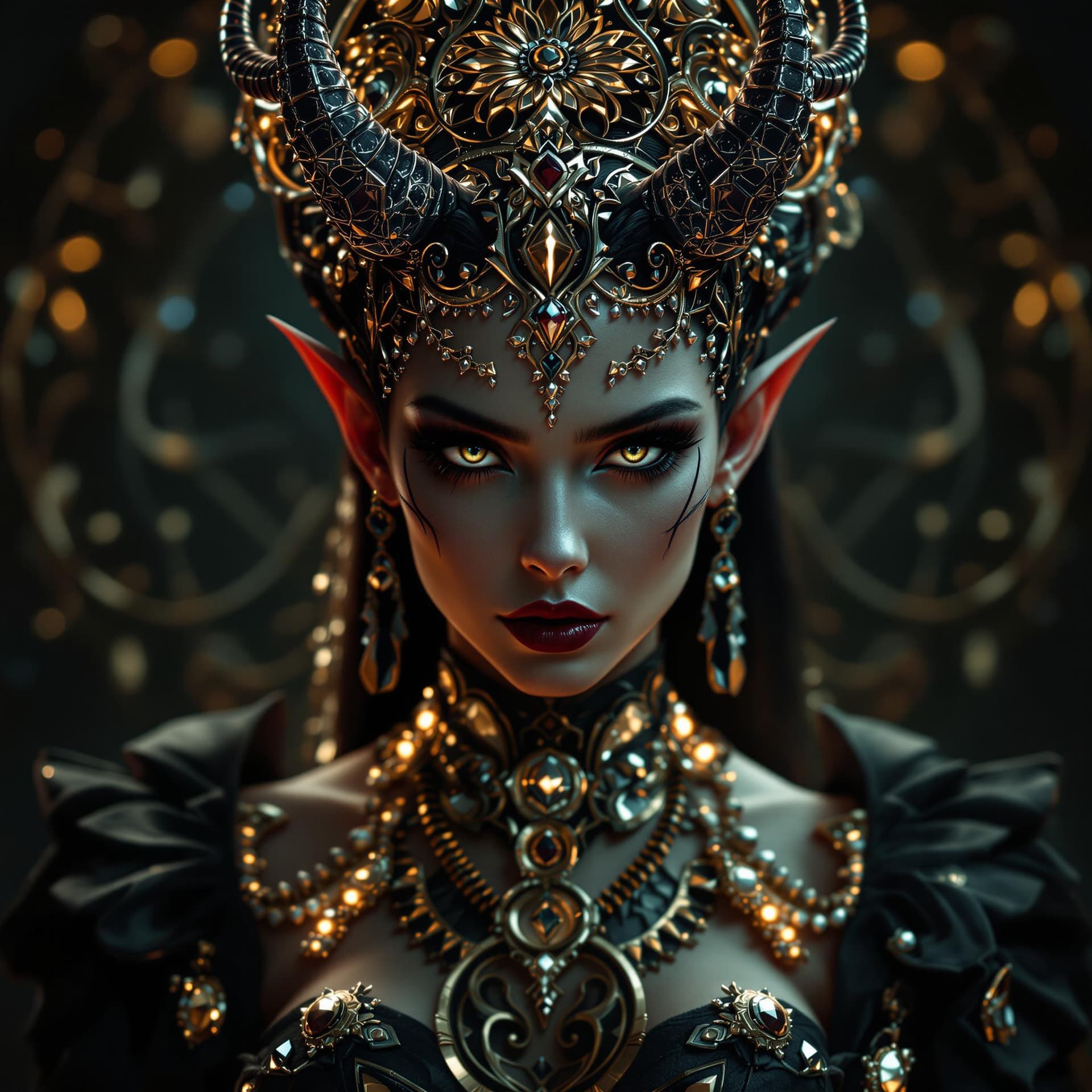 AI generated:  A regal, hyper-realistic lycanthrope lady with pointed ears, adorned in intricate, ornate accessori...