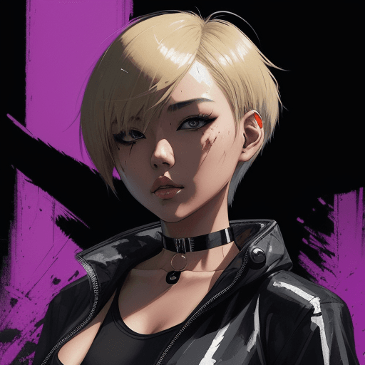 AI generated: A beautiful Asian woman with short blonde hair in the style of an anime character wearing a choker n...
