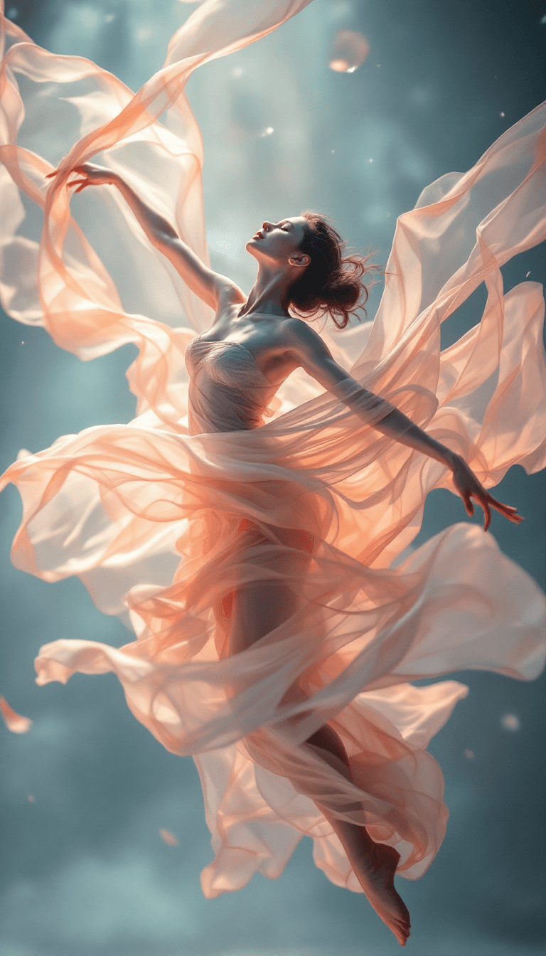 AI generated: A **surreal, dreamlike portrait** capturing the **ethereal beauty of a dancer midair**, frozen in a ...