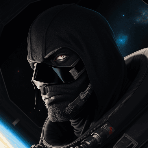 AI generated:  high quality foto of a big man, black mask, dark looking eyes, in space, cyperpunk, 