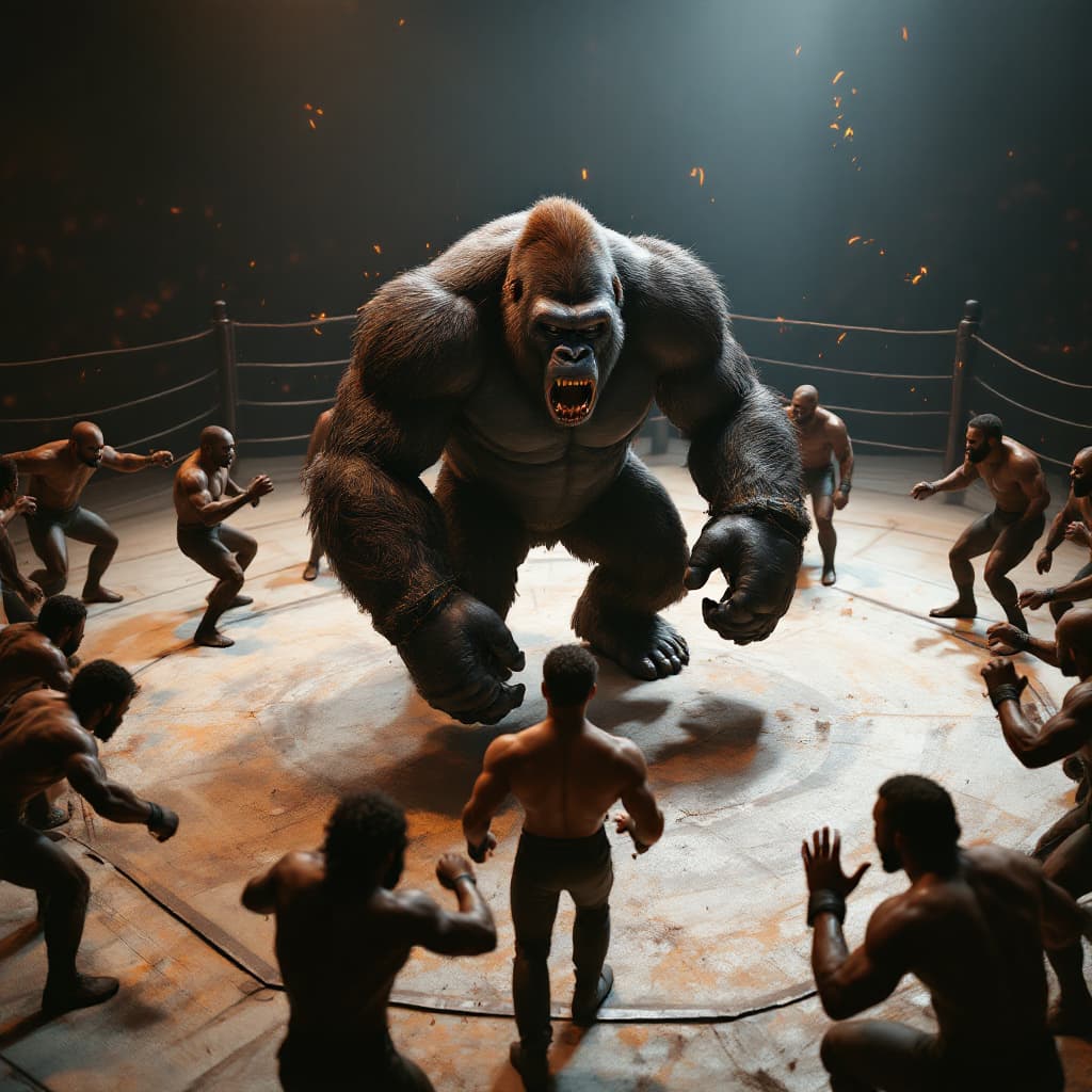 AI generated: Cinematic professional 3D animation of a gorilla in a octagon ring surrounded by 10 physically fit  ...