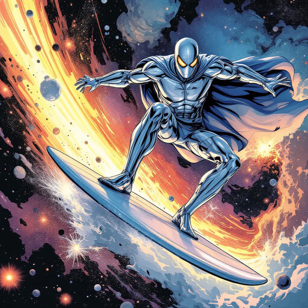 AI generated: The Silver Surfer on his surfboard. He is flying through space