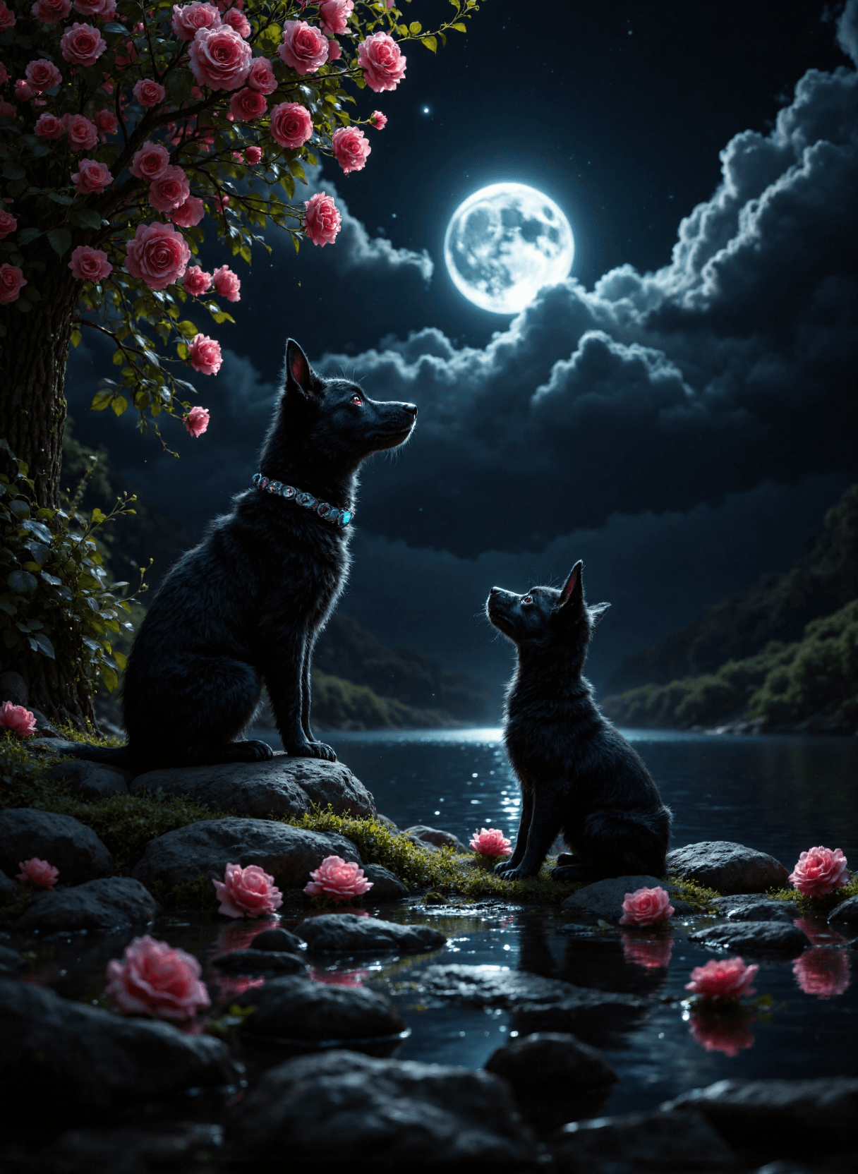 AI generated: The image depicts a serene nighttime scene featuring a black puppy sitting on a rock by the edge of ...