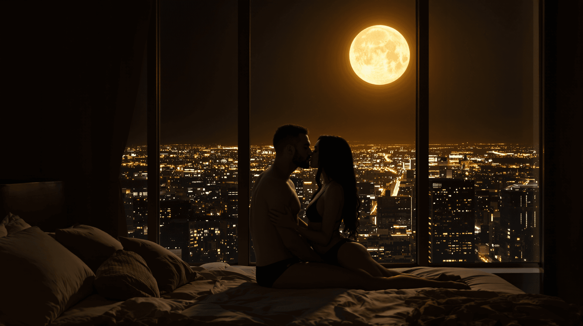 AI generated: image featuring a romantic, very intimate scene set against a nighttime cityscape. A nude couple is ...
