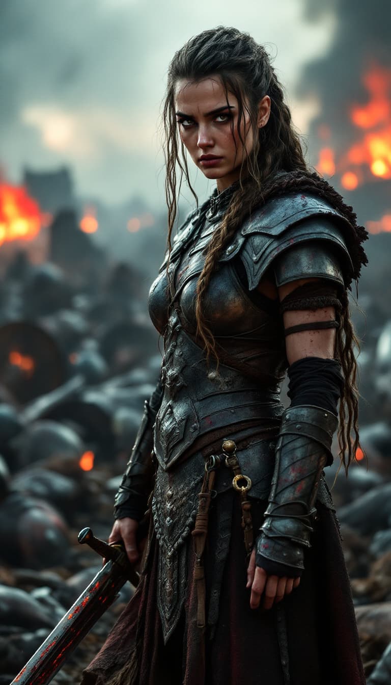 AI generated: A lone Viking warrior woman standing defiantly amidst the aftermath of a battle; her braided hair is...