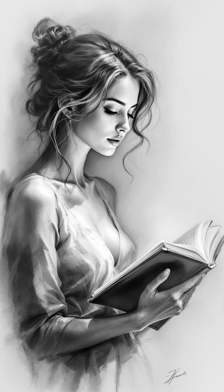 AI generated: Charcoal Drawing, Soft Blending, Subtle Gradations, Introspective, Woman Holding a Book Reading, Ele...