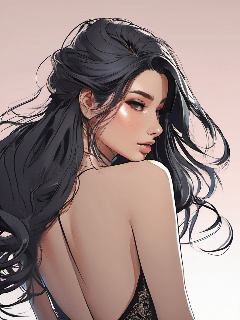 AI generated: stunning digital illustration of a 20yo girl showing her back to camera, posing, long hair, alluring...