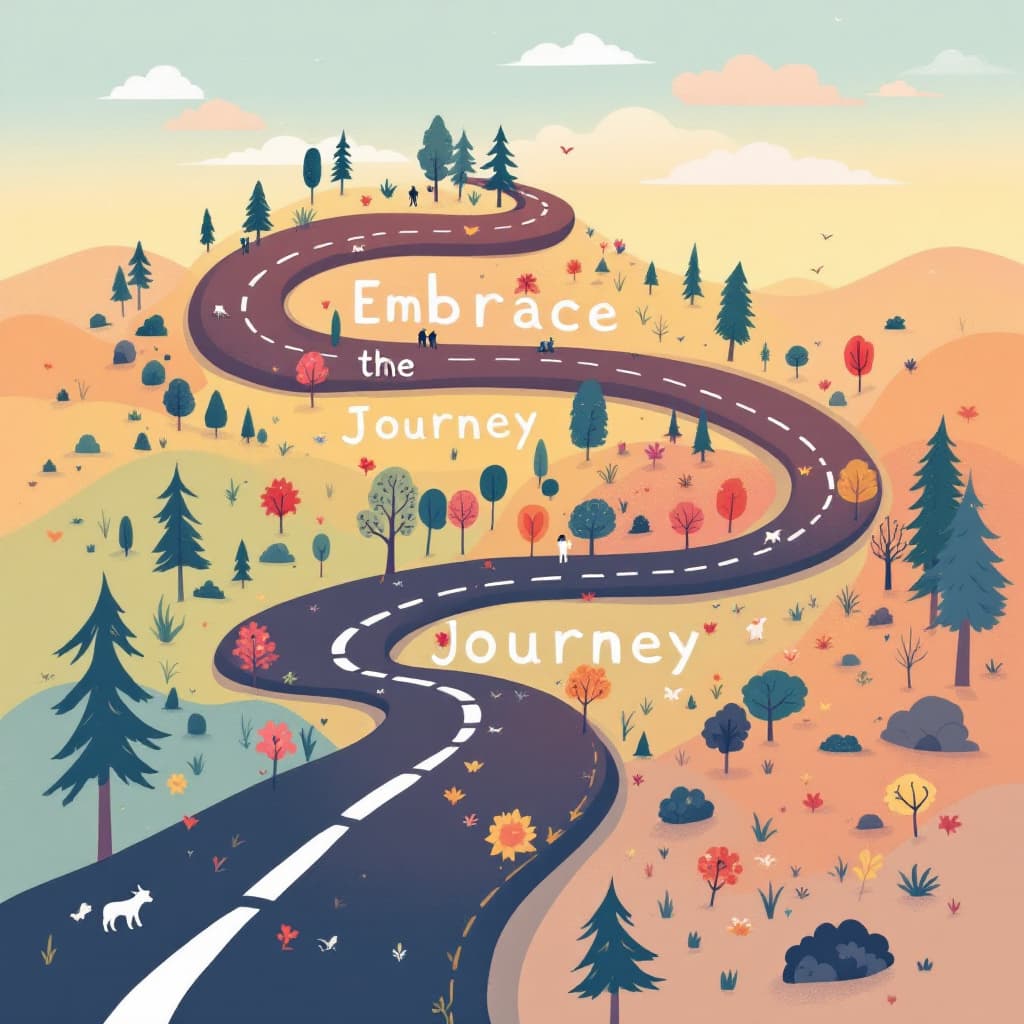 AI generated: A winding road filled with colorful memories, experiences, and milestones, forming the words "Embrac...