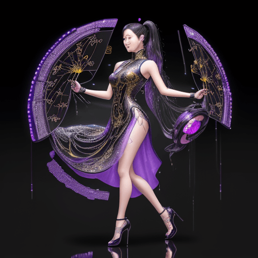 AI generated: A Taiwanese beauty made of black gold fluorescent machinery, wearing a purple thin-strap ancient sty...